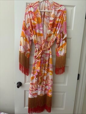 Celia B Vibrant Retro Print Fringe Robe - Pink, Orange & Cream, lavender, yellow
